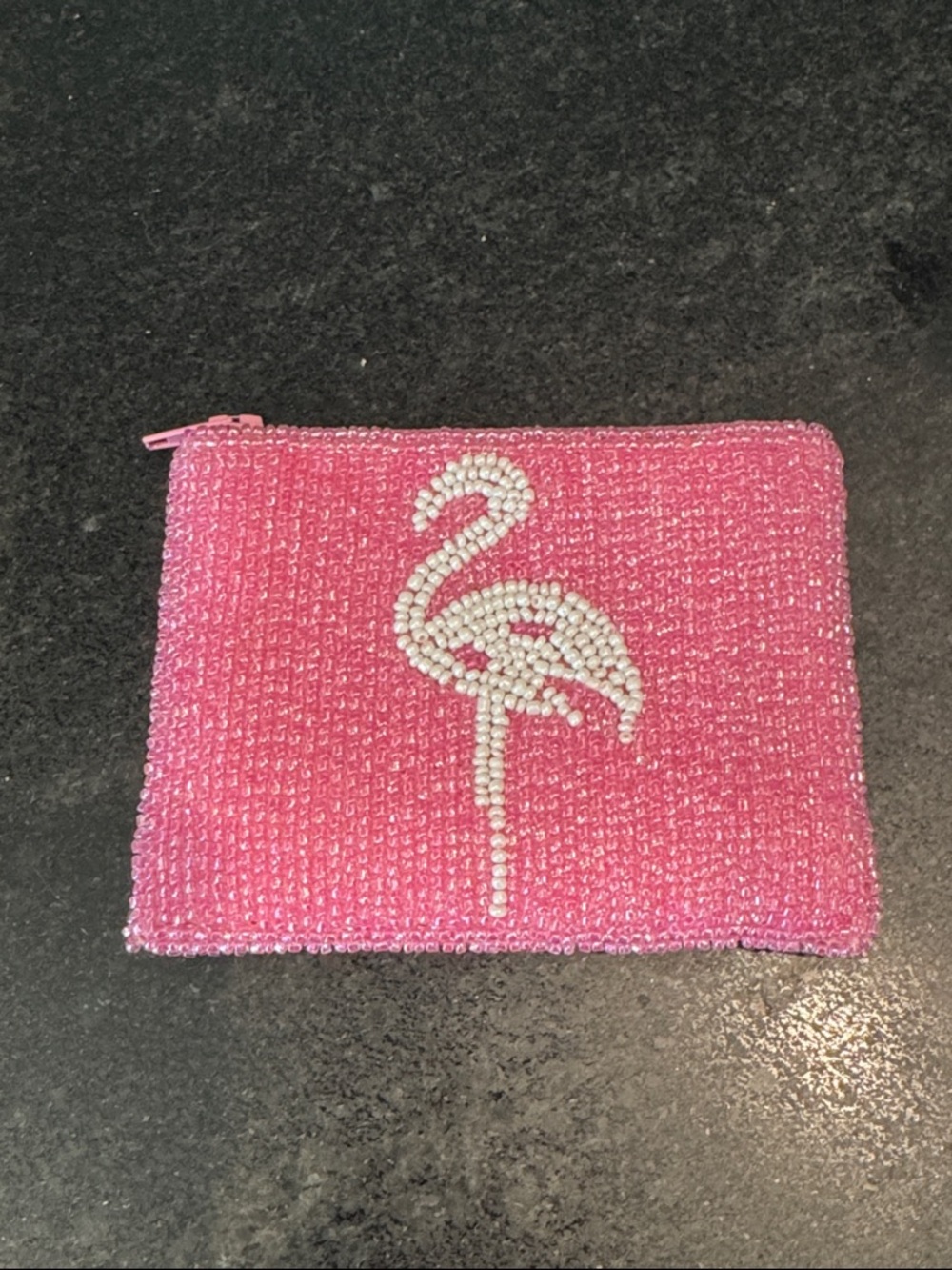 Pink Beaded Flamingo Zip Pouch